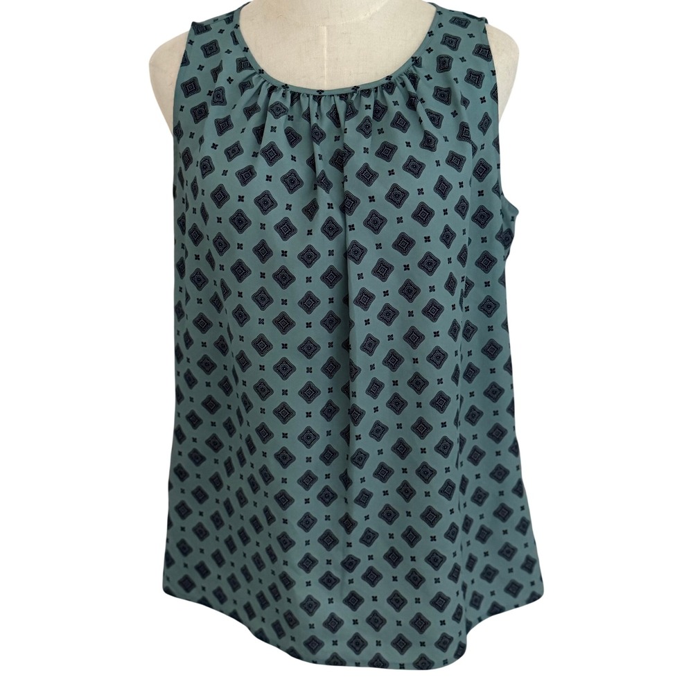 LOFT Womens Medium Tank Top Green Navy Geometric Pleated Shell Office Workwear
